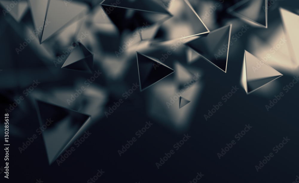 Poster abstract 3d rendering of chaotic low poly shapes. flying polygonal pyramids in empty space. futurist