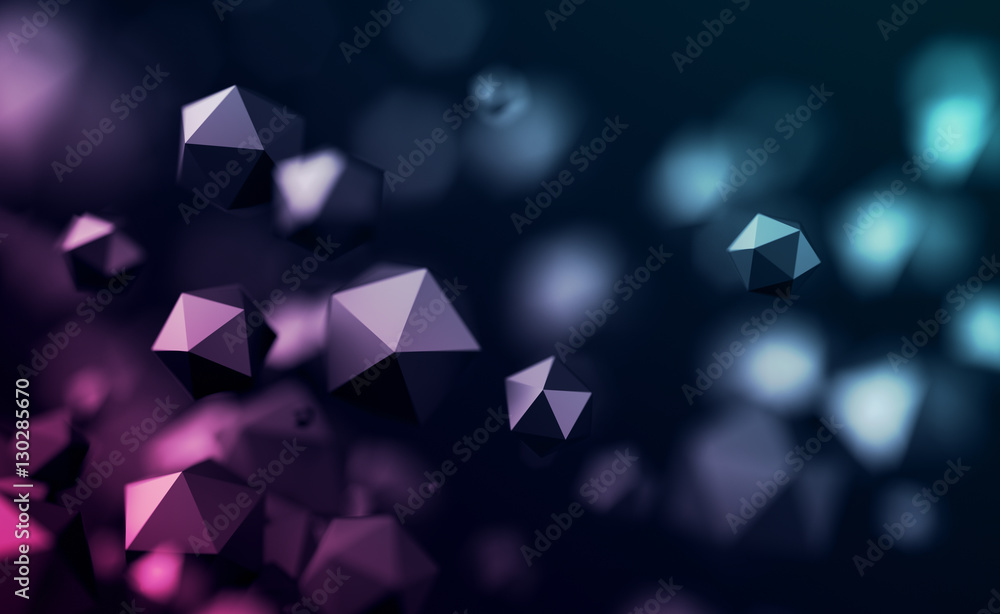 Poster abstract 3d rendering of chaotic low poly particles. flying polygonal spheres in empty space. futuri