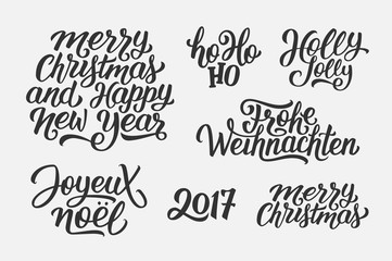 Merry Christmas and Happy New Year 2017 vector lettering set with french, english and german greetings. Holly Jolly, Frohe Weihnachten and Joyeux Noel calligraphic text.