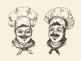 Portrait of happy chef. Element for design menu restaurant or cafe. Hand-drawn sketch vector illustration