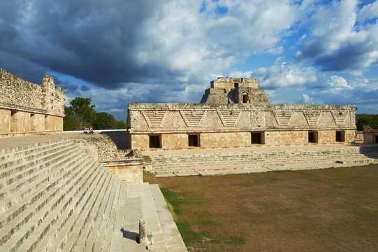 Pyramid of the Magician and Cuadrangulo de las Monjas (Nuns' Quadrangle) at Mayan archaeological site, Uxmal, Yucatan State, Mexico