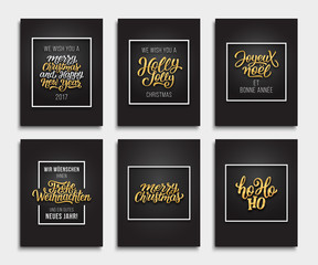 Merry Christmas and Happy New Year 2017. Vector luxury Xmas greeting cards design with golden text on black background. Hand letteting for winter holidays season greetings