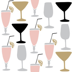 Set of hand drawn alcoholic drinks, cocktails. Seamless pattern. Isolated vector illustrations.