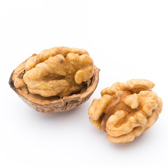 Walnut and walnut kernel isolated on the white background.