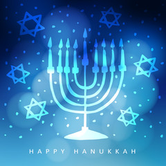 Hanukkah greeting card, invitation with hand drawn menorah, candelabra and jewish stars. Modern blurred vector illustration background. Jewish festival of light.