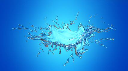 The clear blue water splash on a turquoise and blue background.