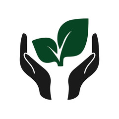 green leaves in hand symbol environment nature ecology icon vect - obrazy, fototapety, plakaty