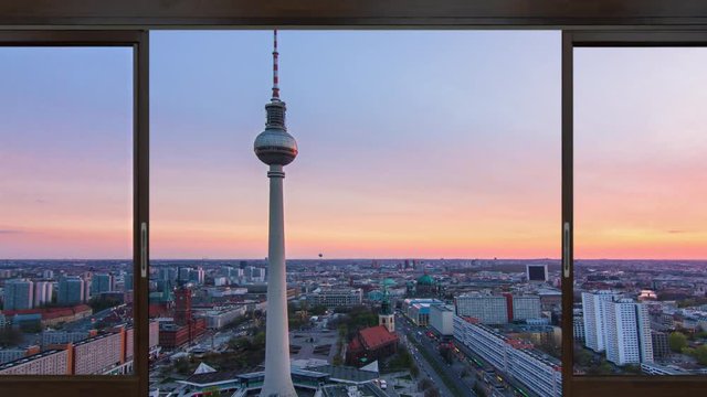 berlin skyline aerial view timelapse day to night seen through a window