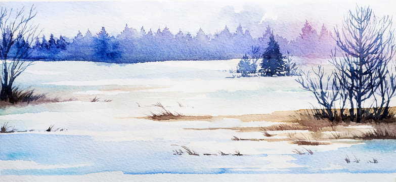 Winter Landscape. Watercolor illustration.