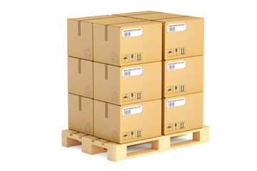 Wooden pallet with parcels. Shipping and logistics concept, 3D r