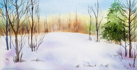 Winter Landscape. Watercolor illustration. - 130289276