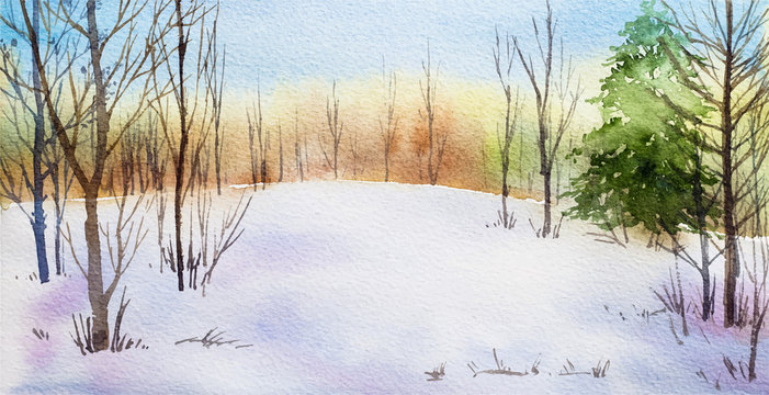 Winter Landscape. Watercolor illustration.