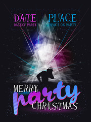 Merry Christmas party poster with snowflakes, dj, laser, dark background