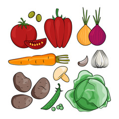 Vector illustration of cartoon vegetables. Vegetarian set