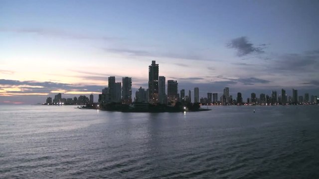 Shoreline of Playa de Boca Grande in Cartagena, Colombia. High-rises, hotels and apartments can be seen along the coast - Skyscrapers by night 
