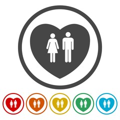 Couple holding hands with hearts icons