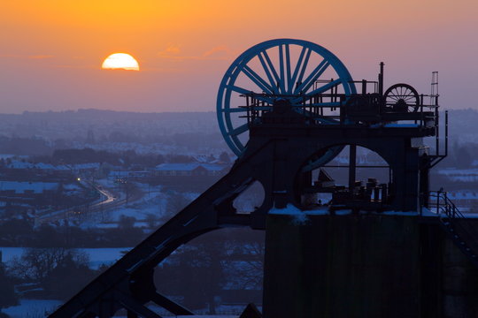 Former colliery headstocks at dawn, Pleasley, Derbyshire 
