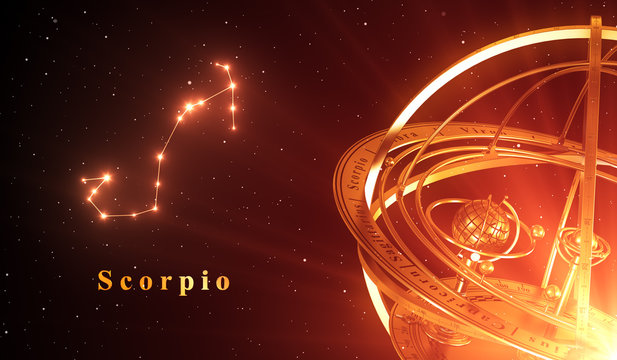 Zodiac Constellation Scorpio And Armillary Sphere Over Red Background