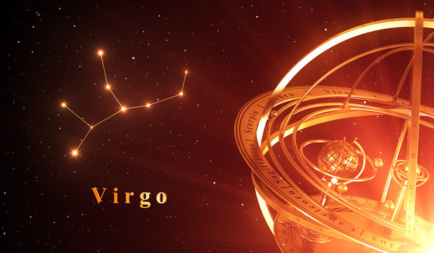 Zodiac Constellation Virgo And Armillary Sphere Over Red Background