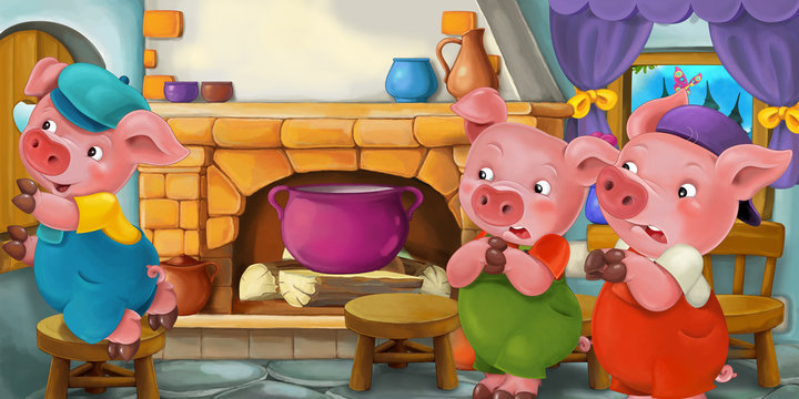 Cartoon Scene With Pigs In The Kitchen - Illustration For Children