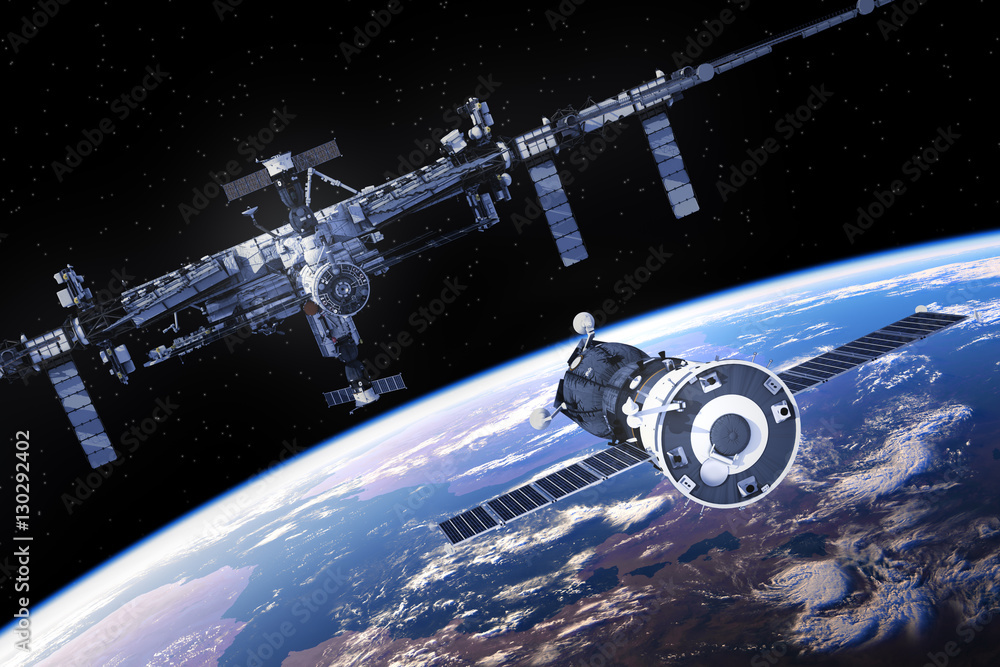 Wall mural spacecraft is preparing to dock with international space station