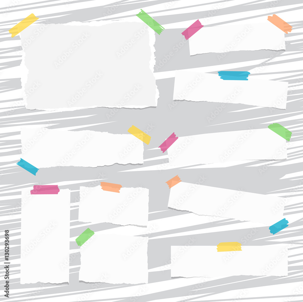 Poster white ripped note, notebook paper sheets stuck with colorful sticky tape on lined pattern