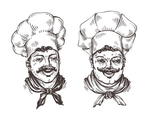 Drawn chef cooks on white background in style of engravings. Vector illustration