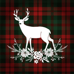 Merry Christmas greeting card, invitation. Reindeer with Christmas bouquet, floral decoration. Tartan checkered plaid. Vector illustration background.