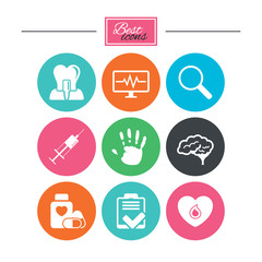 Medicine, medical health and diagnosis icons.