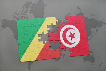 puzzle with the national flag of republic of the congo and tunisia on a world map