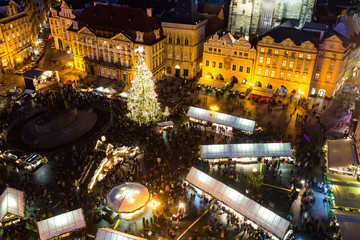 Fototapeta na wymiar Christmas market on the night in Old Town Square, Prague, Czech Republic