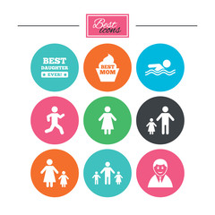 People, family icons. Swimming, person signs.