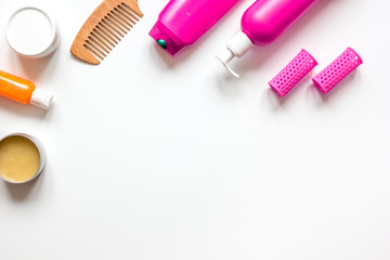 womens haircare spa in bottle on white background top view