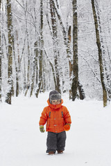 Fototapeta na wymiar little boy is walking on the winter forest