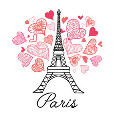 Vector Eifel Tower Paris Bursting With St Valentines Day Pink Red Hearts Of Love. Perfect for travel themed postcards, greeting cards, wedding invitations.