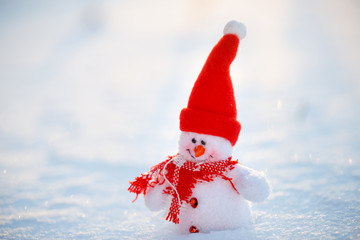 Happy snowman standing in winter christmas landscape.Snow backgr