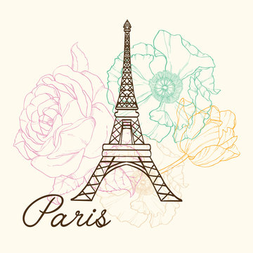 Vector Eifel Tower Paris In Vintage Style With Beautiful, Romantic Pastel Flowers. Perfect for travel themed postcards, greeting cards, wedding invitations.