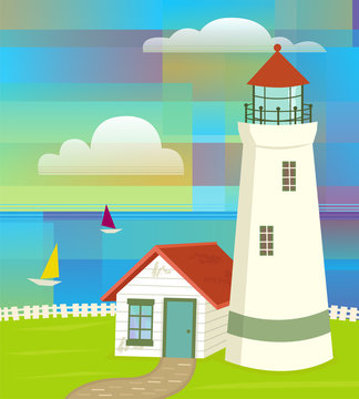 Lighthouse - Lighthouse with colorful abstract sky and sailboats. Eps10