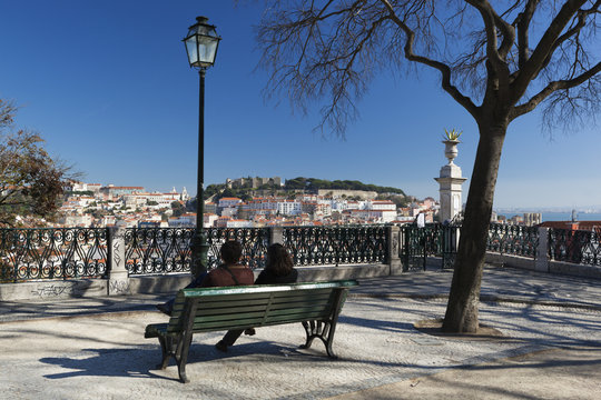 View over city from Miradouro de Sao Pedro de Alcantara, Bairro Alto, Lisbon, Portugal