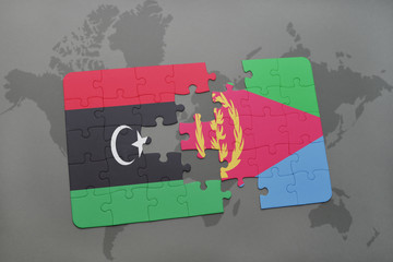 puzzle with the national flag of libya and eritrea on a world map
