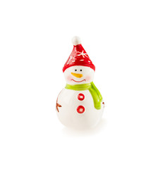 Porcelain figurine Snowman on white. Christmas and New Year theme.