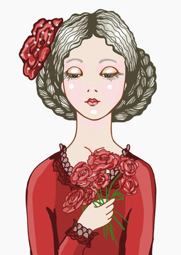 Confused Happy Or Sad Woman With Blushed Cheeks, Pale Skin, Platinum Blonde Hair, Double Braid Updo And A Rose Barrette In A Crimson Red Dress With Bouquet Of Flowers On A Date, Dating