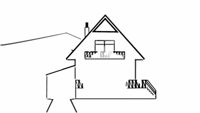 Fast animated pencil sketch of a family house in landscape, black and white design, adding of colors, title Stop dreaming start building