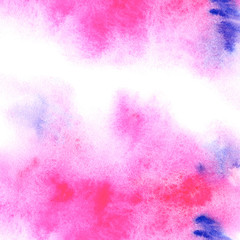 Abstract pink and violet watery frame.Aquatic backdrop.Ink drawing.Watercolor hand drawn image.Wet splash.White background.