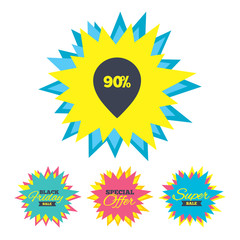 90 percent sale pointer tag sign icon.