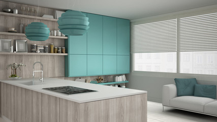 Naklejka na ściany i meble Minimalistic white kitchen with wooden and turquoise details, mi