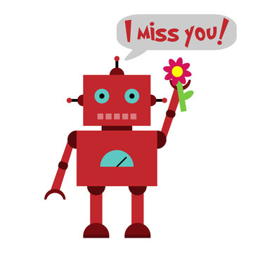 Vector illustration of a toy Robot with flower and text I miss you!