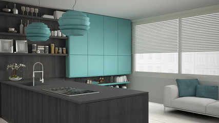 Minimalistic gray kitchen with wooden and turquoise details, min