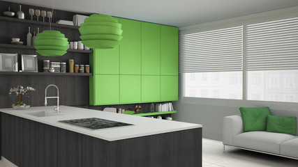 Minimalistic white kitchen with wooden and green details, minima