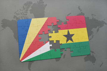 puzzle with the national flag of seychelles and ghana on a world map